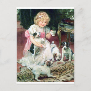 Cartão Postal Menina com filhotes pintura antiga