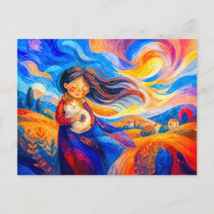 Cartão Postal Menina com gato em cores fluidas e ventosas