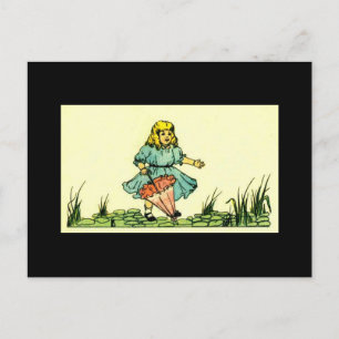 Cartão Postal Menina com guarda-chuva em Lily Pads