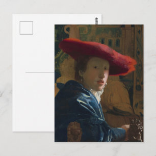 Cartão Postal Menina com o Chapéu Vermelho de Vermeer Antigo