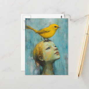 Cartão Postal Menina com o Pássaro Amarelo na Cabeça