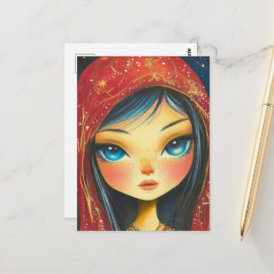 Cartão Postal Menina Com Olhos Azuis e Cabelo Vestindo Vermelho