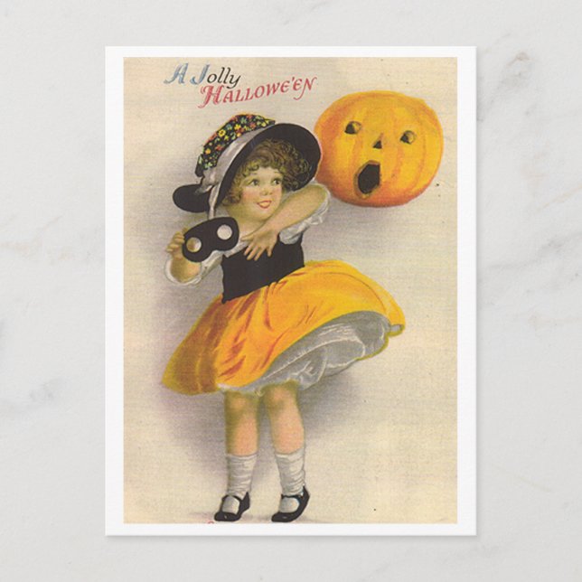 Cartão Postal Menina com Pumpkin e Máscara (Frente)
