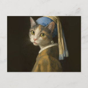 Cartão Postal Menina com um Brinco de Pérola Gato