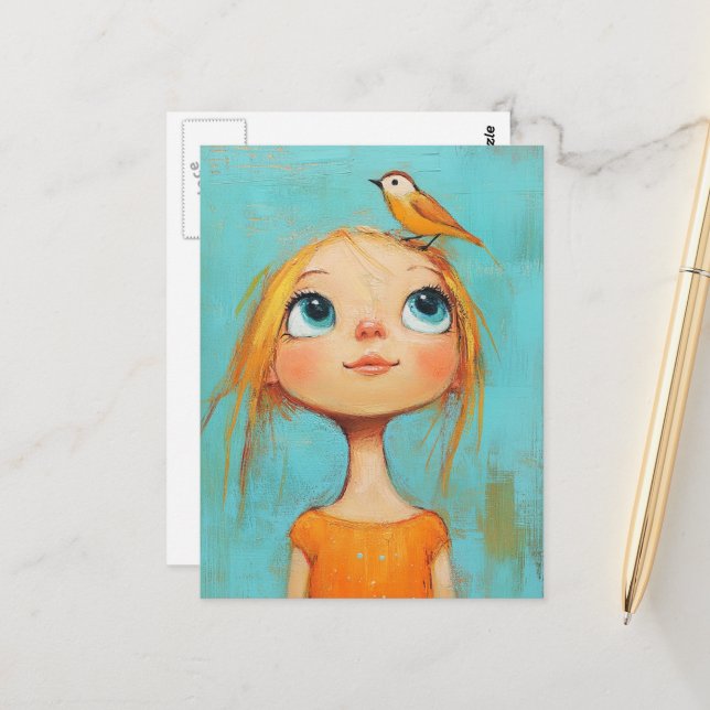 Cartão Postal Menina Com um Pássaro na Cabeça (Frente/Verso In Situ)