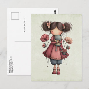 Cartão Postal Menina com uma boneca de sapo fofa e caprichosa