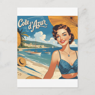 Cartão Postal Menina da Praia ao Estilo Vintage Cote D'Azur