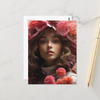 Cartão Postal Menina das Flores Cor-de-Rosa