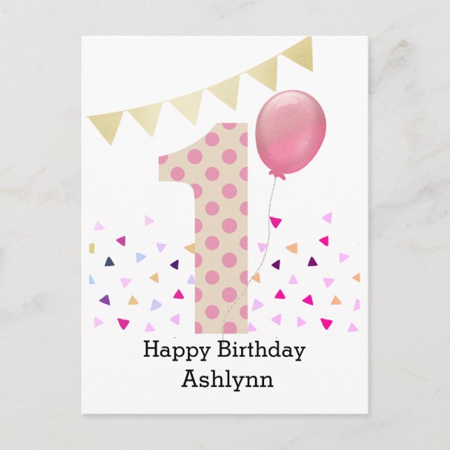 Cartão Postal Menina de 1º aniversário rosa (Frente)