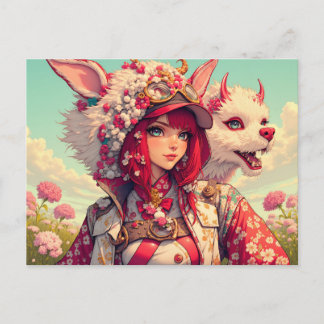 Cartão Postal Menina de animação com criatura fantasiosa, postag