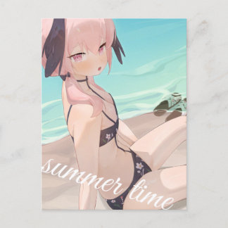 Cartão Postal Menina de anime bonita aproveitando o verão na pra