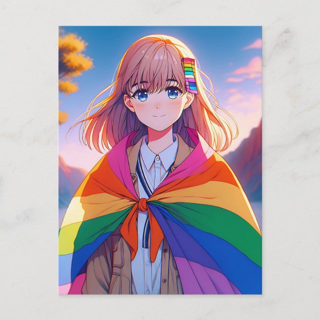 Cartão Postal Menina de anime com LGBTQIA+ Cabo (Frente)