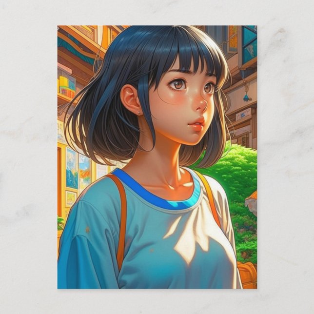 Cartão Postal Menina de anime na cidade | Manter em contato (Frente)