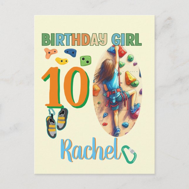 Cartão Postal Menina de Aniversário de Escalada de Rocha Pronta  (Frente)