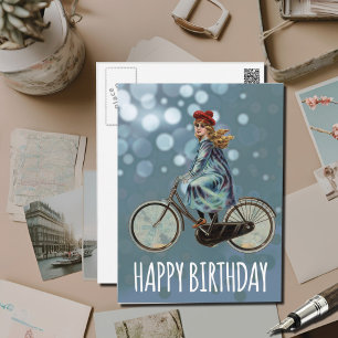 Cartão Postal Menina de bicicleta antiga - Aniversário