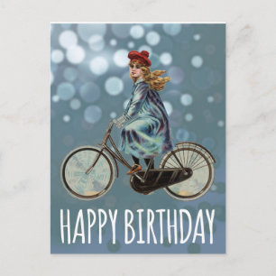Cartão Postal Menina de bicicleta antiga - Aniversário