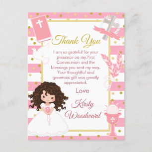 Cartão Postal Menina de Cabelo Castanho Rosa Primeiro Comunhão O