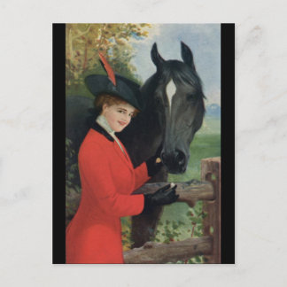 Cartão Postal Menina de cavalo vintage casaco vermelho Cubo de a