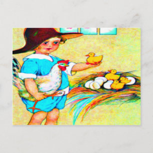Cartão Postal Menina de chapéu de disquete com pintinhos de ecl