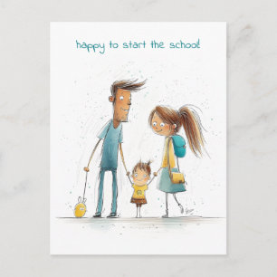 Cartão Postal Menina de escola com sua mãe e pai