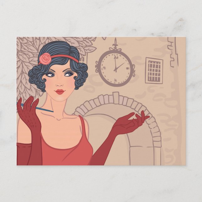 Cartão Postal Menina de Flapper Ilustrada (Frente)