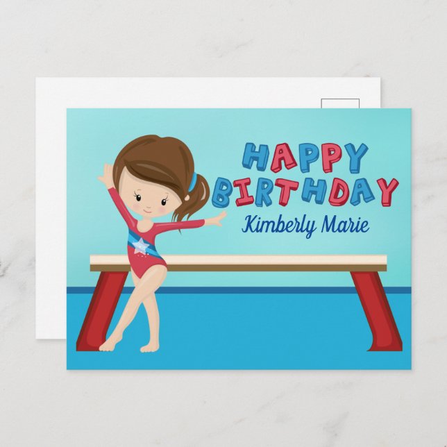 Cartão Postal Menina de ginástica fofa Feliz Aniversário de giná (Frente/Verso)