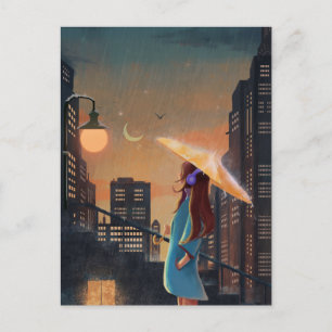 Cartão Postal Menina de guarda-chuva chuvoso na cidade noturna