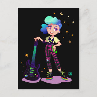Cartão Postal Menina de música com cabelo azul com violão