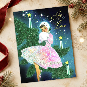 Cartão Postal Menina de vela de Natal vintage brilho iridescente