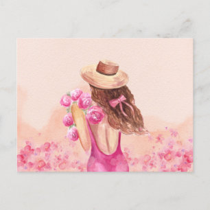 Cartão Postal Menina do buquê de flores rosa estético Postcard