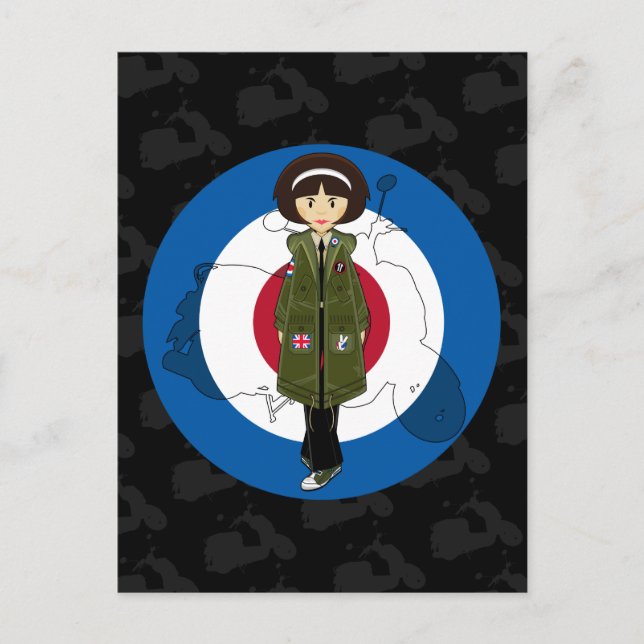 Cartão Postal Menina do Mod em Parka com cartão-postal de Patine (Frente)