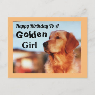Cartão Postal Menina Dourada Feliz Aniversário Cachorro Dourado