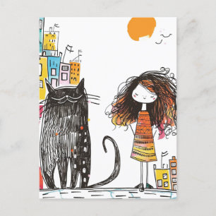 Cartão Postal Menina e o Gato Preto Gigante na Cidade