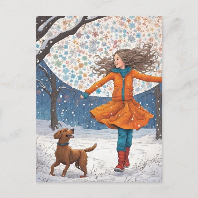 Cartão Postal Menina e seu Cachorro Inverno Felicidade (Frente)