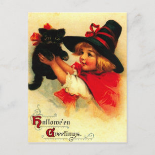 Cartão Postal Menina e seu Gato Preto