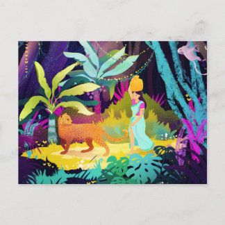Cartão Postal Menina e um leopardo na floresta tropical