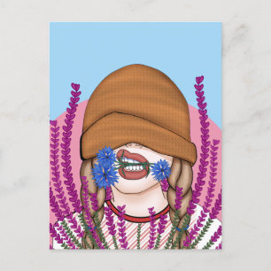 Cartão Postal Menina engraçada com flores de milho em um campo d