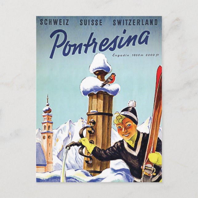 Cartão Postal Menina esquiando em Pontresina, Suíça (Frente)