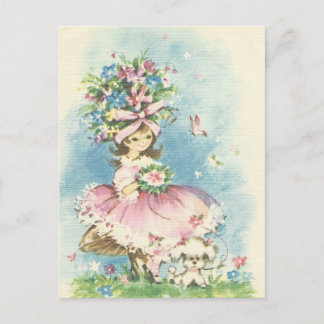 Cartão Postal Menina Flor Vintage