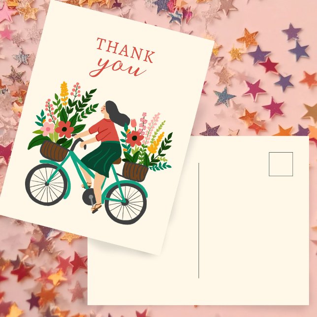 Cartão Postal Menina Fofa Andando de Bicicleta com Flores OBRIGA (Cute Girl Riding Bicycle w Flowers THANK YOU Postcard
)