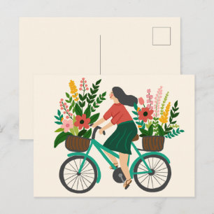 Cartão Postal Menina Fofa Andando de Bicicleta com Flores Person