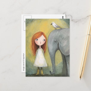 Cartão Postal Menina Fofa Cabelo Vermelho Com Elefante e Pássaro