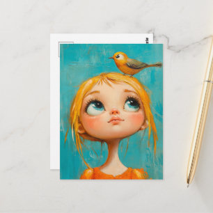 Cartão Postal Menina fofa com um pássaro amarelo na cabeça