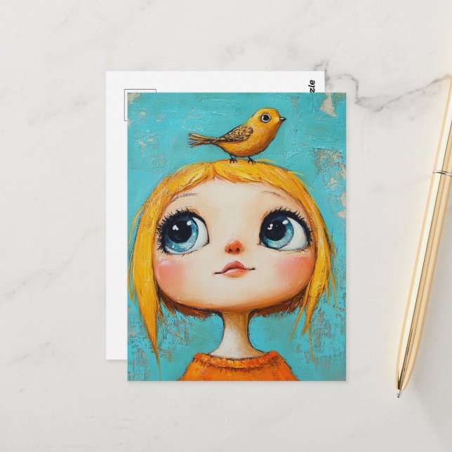 Cartão Postal Menina Fofa com um pássaro na cabeça (Frente/Verso In Situ)