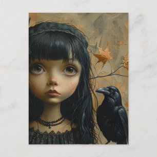Cartão Postal Menina Fofa com um Pássaro Preto