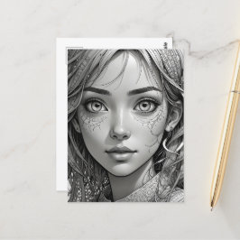 Cartão Postal Menina fofa de anime retrato preto e branco