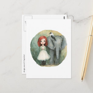 Cartão Postal Menina Fofa de Cabelo Vermelho com Elefante e Páss