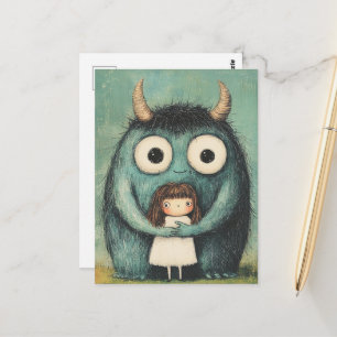 Cartão Postal Menina Fofa e seu Amigo Monstro Fantasia