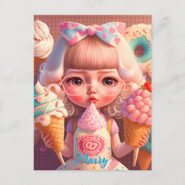 Cartão Postal Menina fofa Kawaii com sorvetes