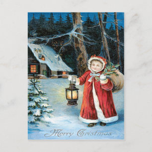 Cartão Postal Menina Fofa Lanterna Azevinho Cabana de Inverno